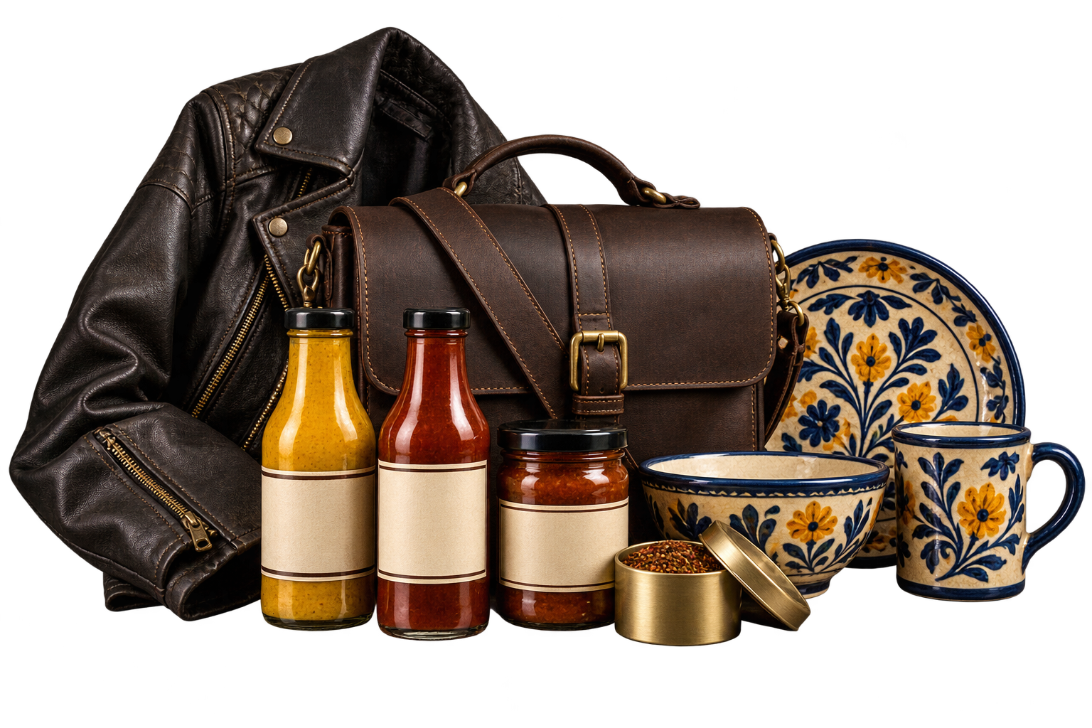 A curated Big Smoke collection of artisan sauces, Pakistani pottery, a leather bag and a leather jacket