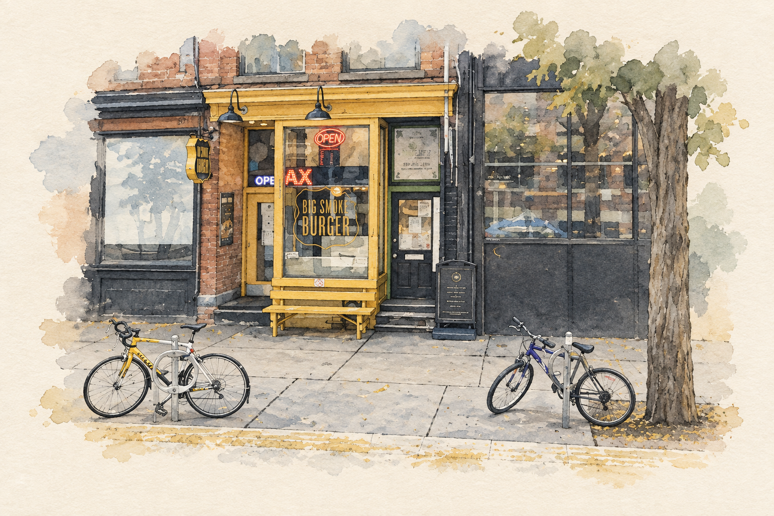 Watercolour illustration of Big Smoke Burger at 573 King Street West in Toronto